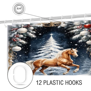Detail view of 12 plastic C-type hooks and 0.4 inch metal eyelets for Xmas shower curtain