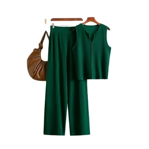 Women's dark green sleeveless knit top and wide-leg pants two-piece set for summer