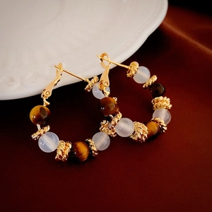 Retro Beaded Hoop Earrings With Tiger Eye And Cat Eye Stones Gold Plated Brass Jewelry With Silver Earring Post For Women