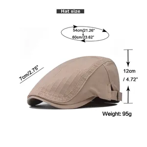 Size chart showing head circumference, brim length and height for khaki cotton flat cap