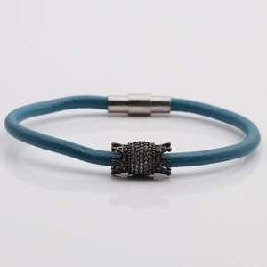 Blue leather bracelet with gunmetal micro-set beads and magnetic steel clasp