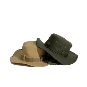 Outdoor wide brim boonie hats in khaki and army green with adjustable chin straps