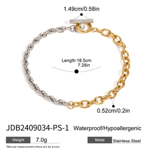 Detail of two-tone stainless steel rope chain bracelet with OT toggle clasp and dimensions