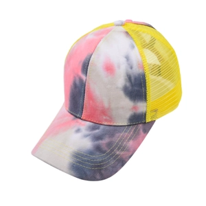 Detail of pink tie-dye pattern and breathable yellow mesh on baseball cap side view