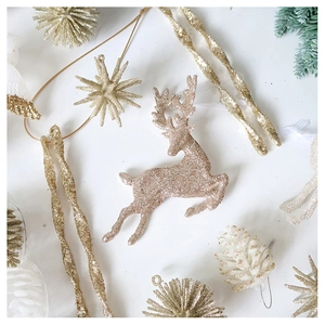 Champagne gold glitter reindeer, stars, and pinecone ornaments for Christmas tree decoration