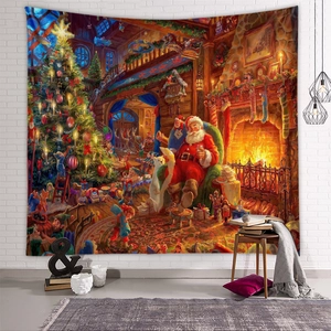 Weihnachts-Wandteppich mit Weihnachtsmann und Kamin an einer weißen Ziegelwand-Deko