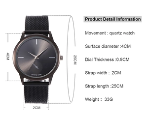 Detailed technical diagram showing 40mm quartz watch dimensions and grey dial specs