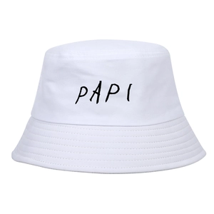 White cotton canvas bucket hat with black PAPI letter print for outdoor sun protection