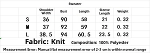 Detailed size chart for women's short sleeve knit top including S, M, L measurements