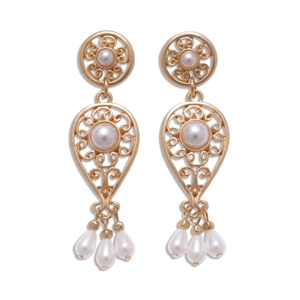 Vintage hollow gold drop earrings with imitation pearls and elegant tassel design