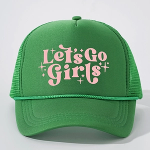 Green trucker hat with pink Let's Go Girls text and stars against a clean grey background