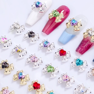 Bowknot heart nail art charms with colorful alloy rhinestones for DIY manicure decor