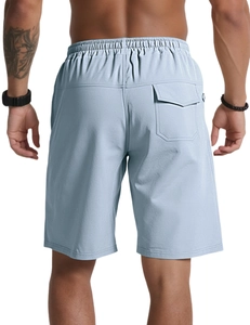 Rear view of light blue quick-dry sports shorts showing elastic waistband and back pocket detail