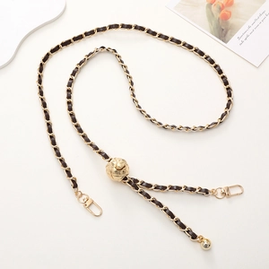 Adjustable crossbody gold metal and dark brown leather woven chain strap for phone cases