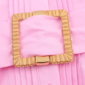 Pink poplin midi dress featuring a woven textured buckle belt with gold metal accents