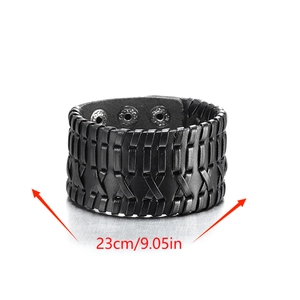 Men's punk braided leather bracelet in black with adjustable metal snaps, 23cm length