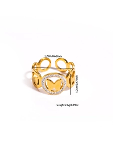Detail view of gold butterfly open ring showing dimensions 1.7cm diameter and weight 2.6g