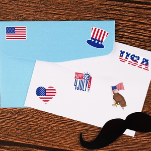 USA 250th Independence Day stickers set with eagle and flag designs on envelopes