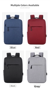 Business laptop backpack in blue, red, black, and grey with USB port detail