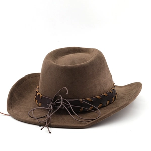 Close-up of dark brown suede western hat with leather braided band and rustic knot detail