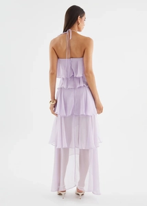 Detailed back view of purple halter neck maxi dress with layered ruffled hem design
