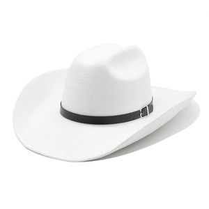 Classic white wool felt western cowboy hat with black leather band and silver buckle details
