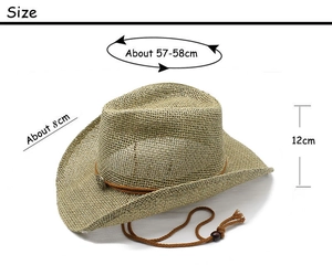 Detail view of woven cowboy straw hat showing dimensions 57-58cm and decorative band
