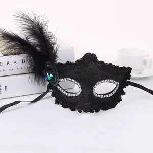 Elegant black lace masquerade mask with feathers and sequins for party performance