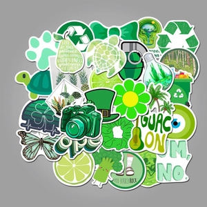 Detail of green aesthetic waterproof vinyl stickers with nature and eco-friendly motifs