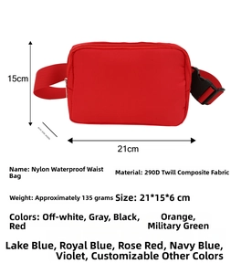 Detailed view of red nylon waist bag dimensions 21x15x6cm with waterproof twill fabric