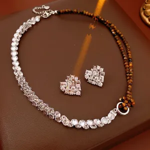 Heart Necklace And Earrings Cubic Zirconia Tiger Eye Stone Mixed Chain Vintage Luxury Women Jewelry With Silver Earring Post