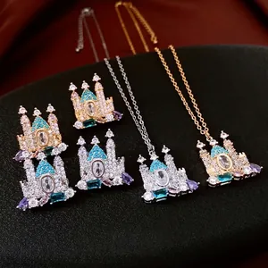 18K gold plated castle necklace and earring set with colorful zircon stones on black background