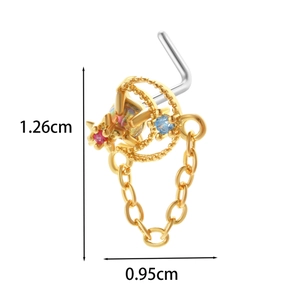 Detailed size view of gold L-shaped nose stud with crescent moon, star, and hanging chain