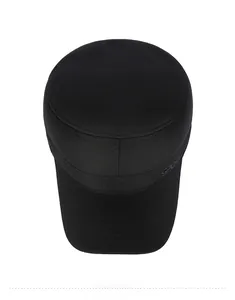 Top view of black flat top military cap with SPORT embossed texture on breathable mesh fabric