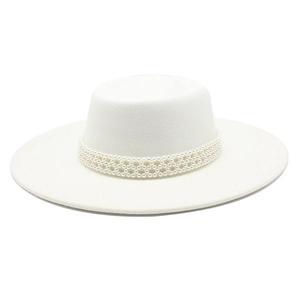 Detail of white wide brim felt hat featuring elegant triple-row pearl beaded trim