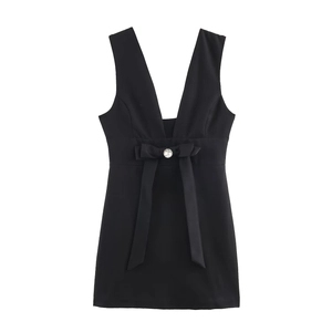 Robe Mini Sans Manches Col en V Élégante pour Femmes Noir Coupe Slim Nœud en Strass Taille Haute Robe de Soirée Banquet