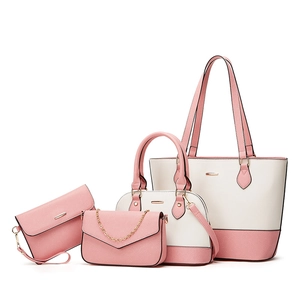 Fashion 4-piece tote bag set for women in pink and beige faux leather with gold hardware