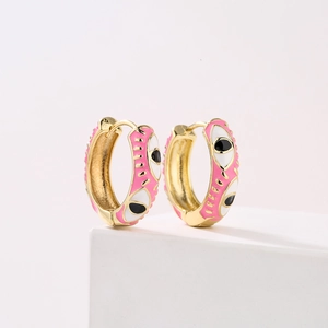 Bohemian style 18K gold-plated hoop earrings with pink enamel eye pattern