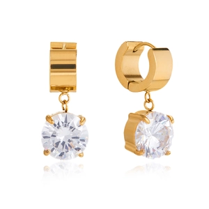 Detail of 18K gold stainless steel hoop earrings with large sparkling round zircon pendants