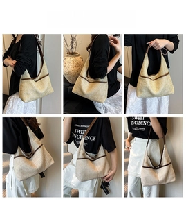 Detail view of beige woven tote bag with brown leather trim shown on a model