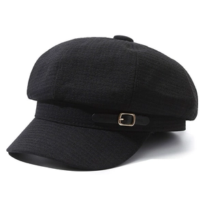 Classic black waffle texture baker boy cap with leather strap and gold buckle detail