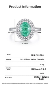 Macro shot of S925 silver ring with 7x9mm oval green emerald cubic zirconia and halo stones