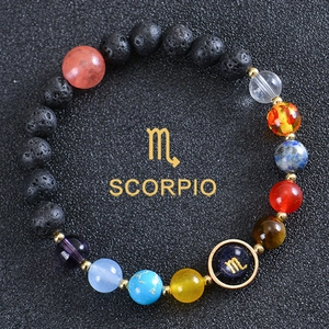 Detailed macro view of Scorpio beaded bracelet with black lava stone and blue goldstone