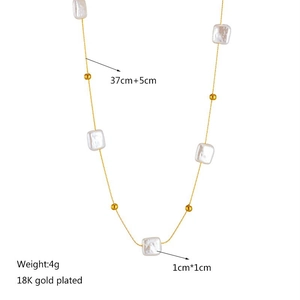 18K gold plated chain necklace featuring square white pearl and beads, 37+5cm length