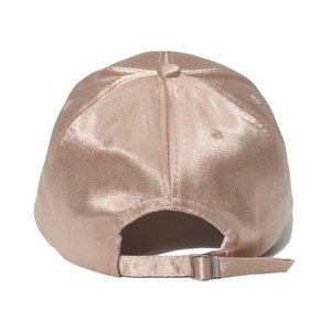 Detail of rose gold satin baseball cap back with adjustable strap and metal buckle