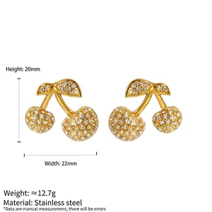 316L stainless steel cherry drop earrings with sparkling pavé zircons in gold finish