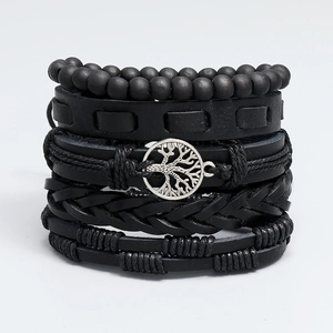 Handmade multilayer black leather bracelet set featuring a silver Tree of Life charm