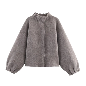 Knitted bomber jacket with puff sleeves and ruffled collar in taupe color on white background