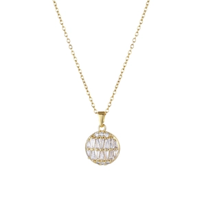Gold round pendant necklace with baguette and round cut cubic zirconia stones for women