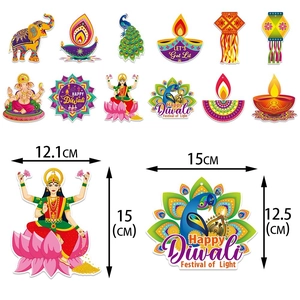 Detailed size chart of colorful Diwali paper card ornaments with traditional Indian motifs